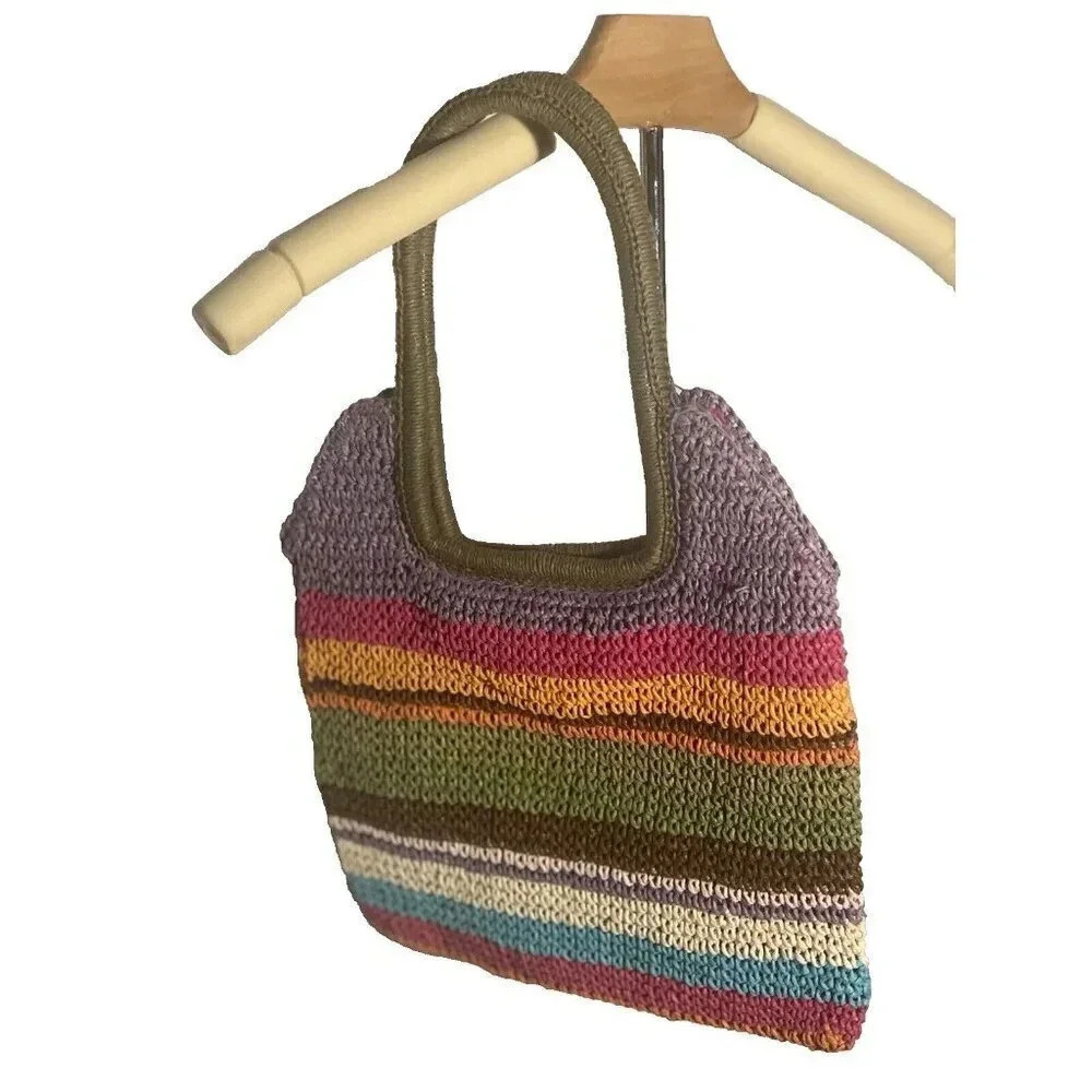 Casual Crochet Purse Multicolored Stripes Snap Close Zip Pocket